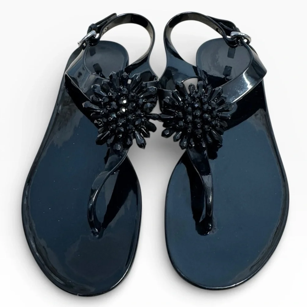Coach Hilda Black Jelly Sandals Floral Beaded Accent Womens US 8 Summer Flats - Picture 2 of 9